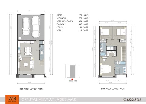 Floor plan for 3 beds, 2.5 baths, 1494 sqft